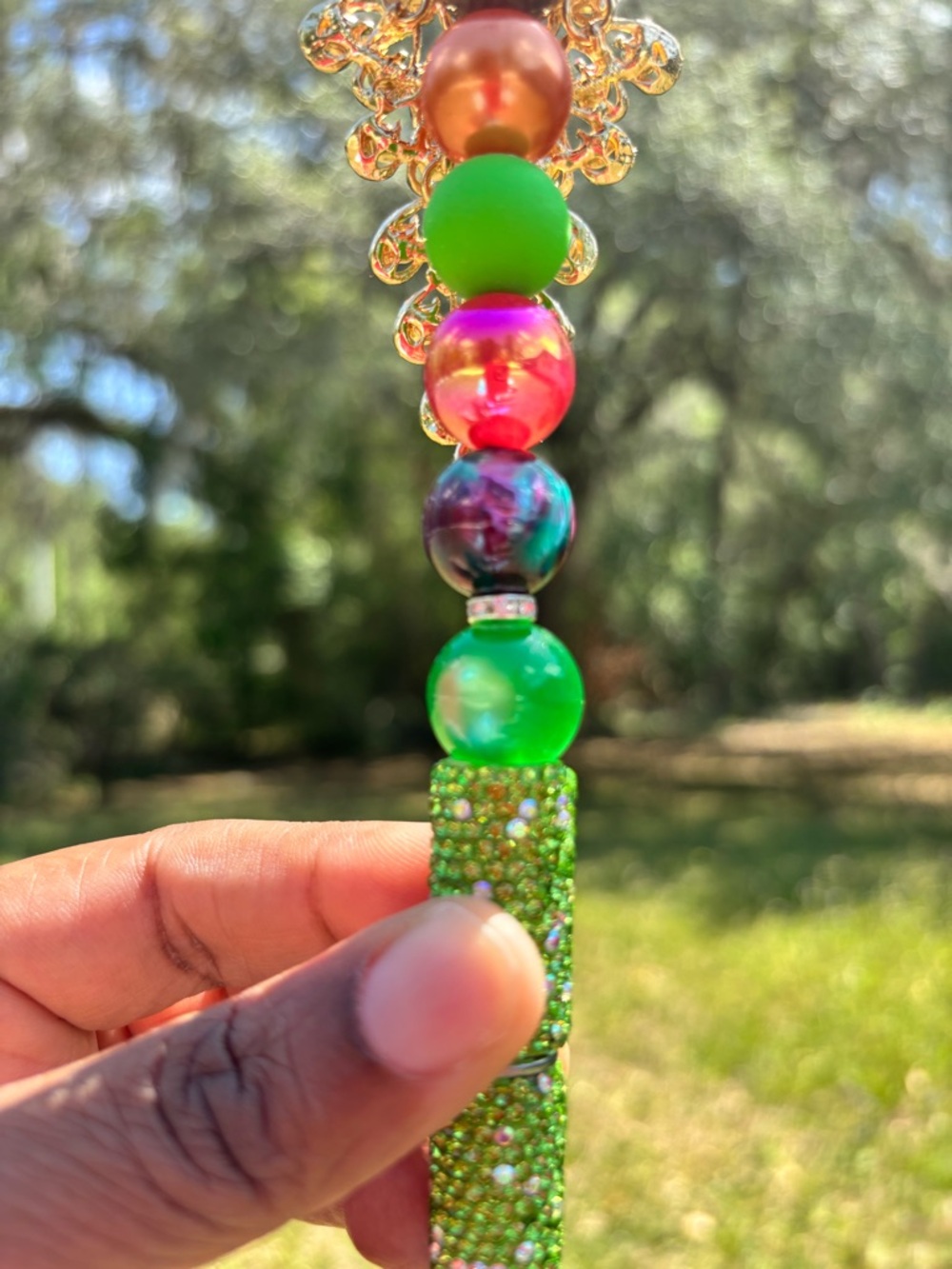 Handcrafted Gold Jeweled Rhinestone Peacock Crystal Pen - Multicolor Gem Accent - Picture 6 of 7